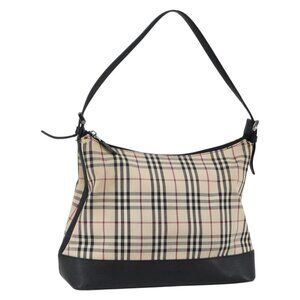 Authentic BURBERRY Nova Check Shoulder Bag Canvas Leather Beige Black Silver